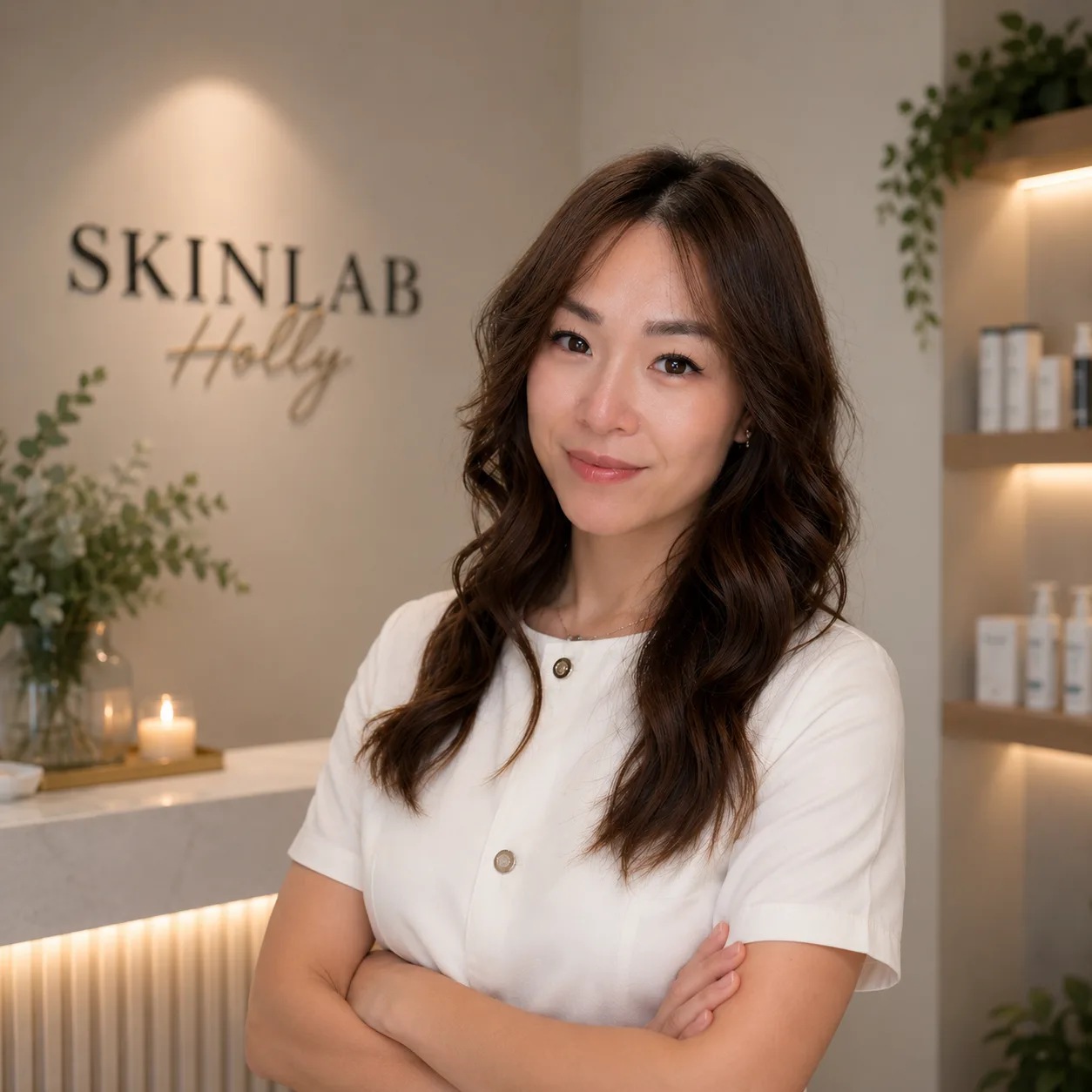 Holly, Inhaberin des Holly Skinlab, im weißen Kittel vor der Skinlab-Wand mit warmer Beleuchtung und Dermalogica-Regal