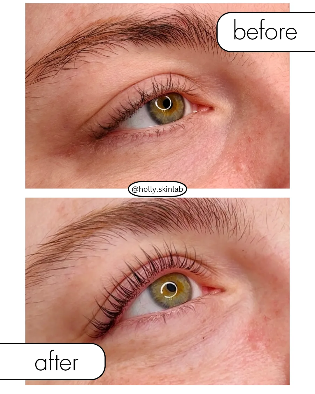 Vorher-Nachher-Aufnahme Wimpernlifting im Holly Skinlab
