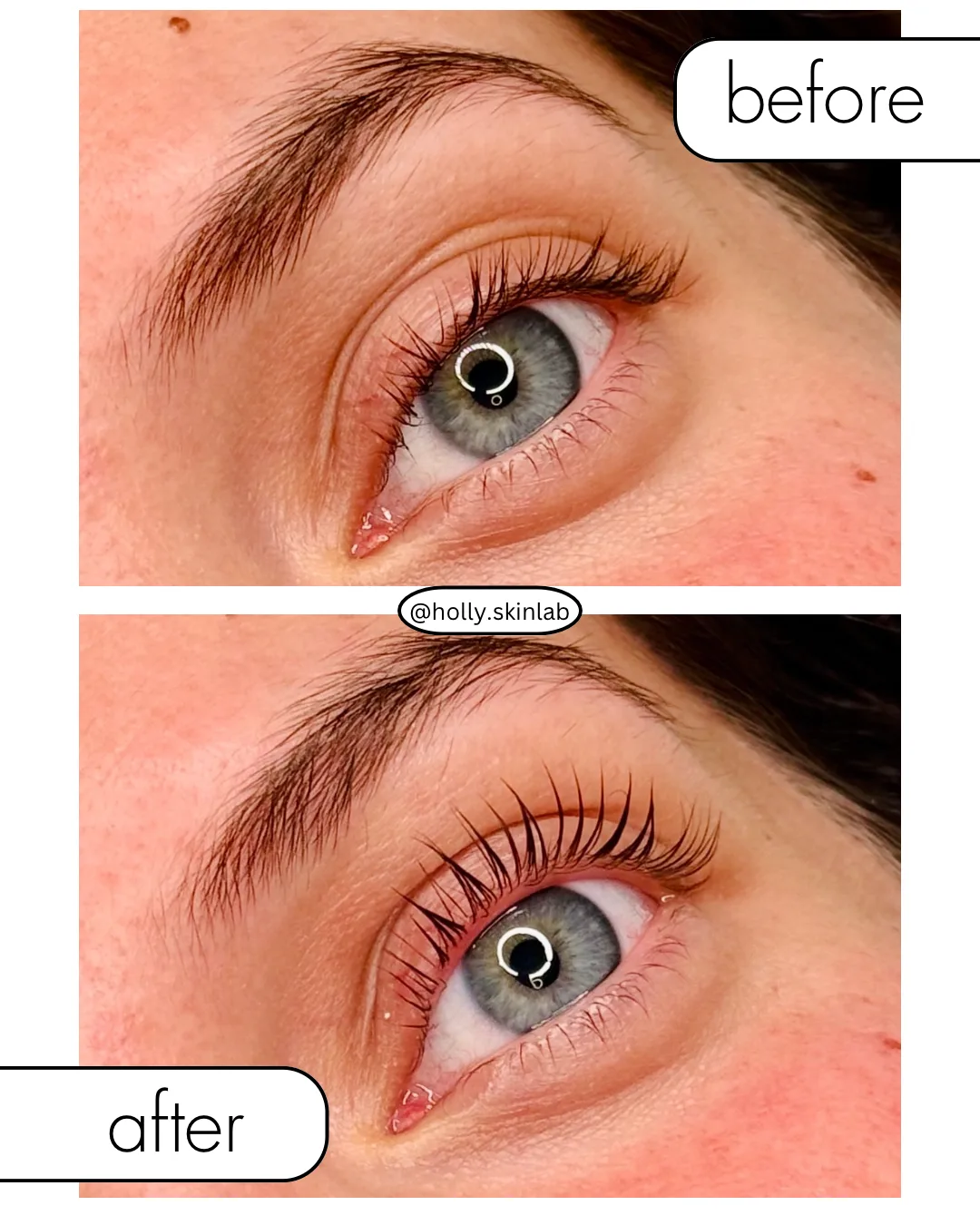 Vorher-Nachher-Aufnahme Wimpernlifting im Holly Skinlab
