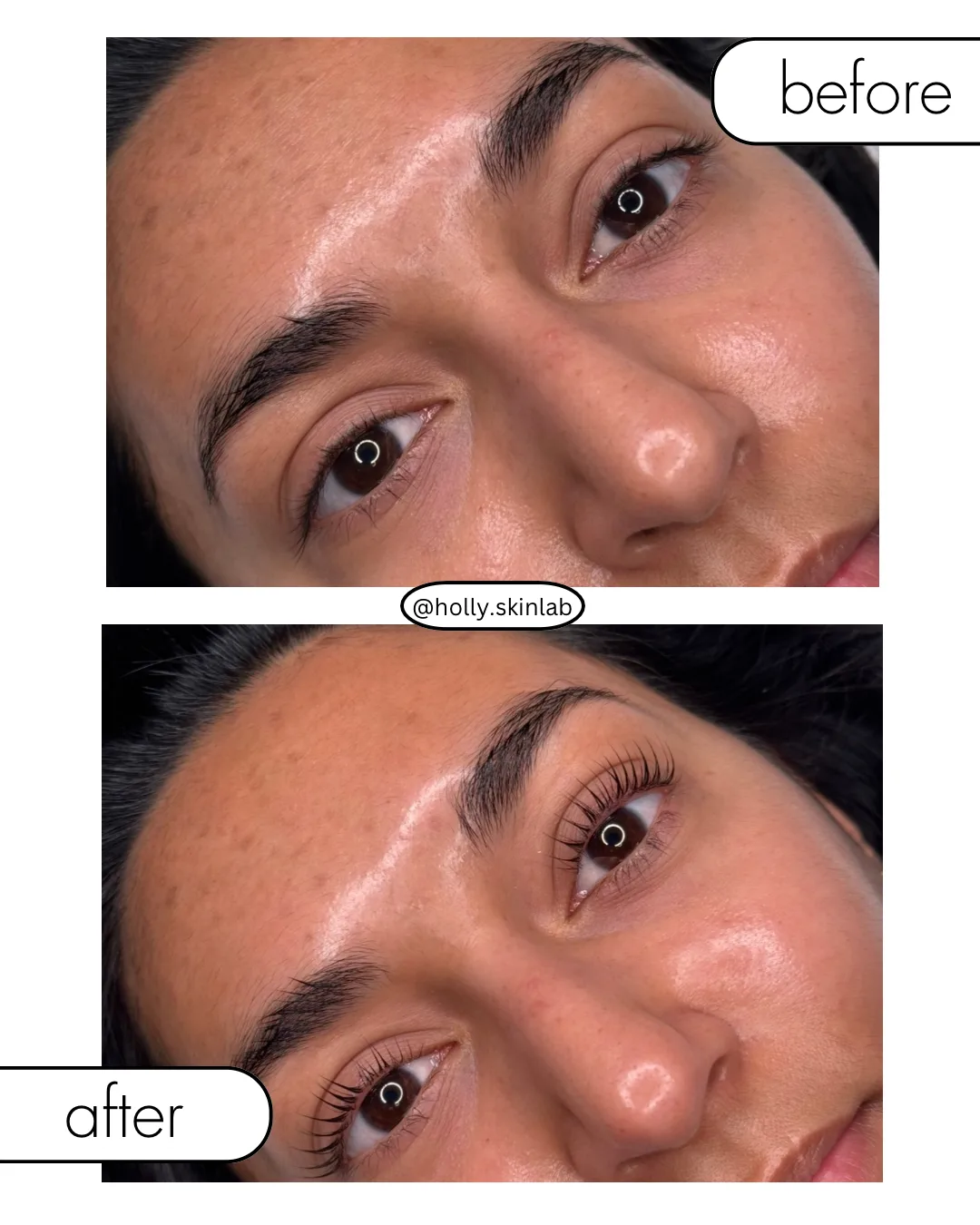Vorher-Nachher-Aufnahme Brow und Lash Lifting im Holly Skinlab