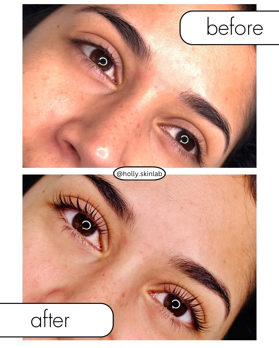 Vorher-Nachher-Aufnahme Wimpernlifting und Brow Shaping im Holly Skinlab